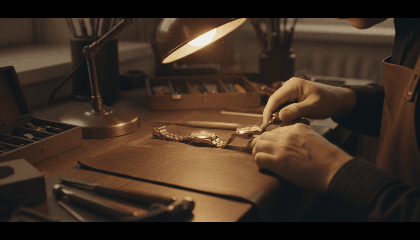 Vintage watch undergoing professional restoration and polishing