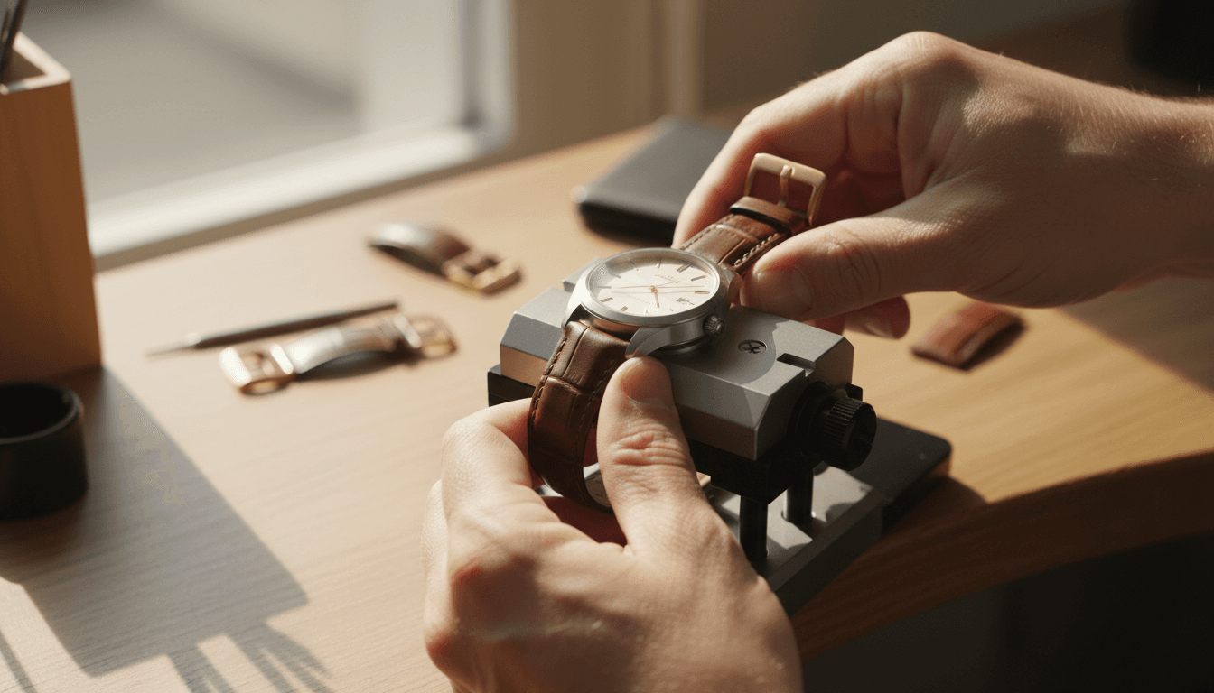 Watchmaker installing new band on customer's watch