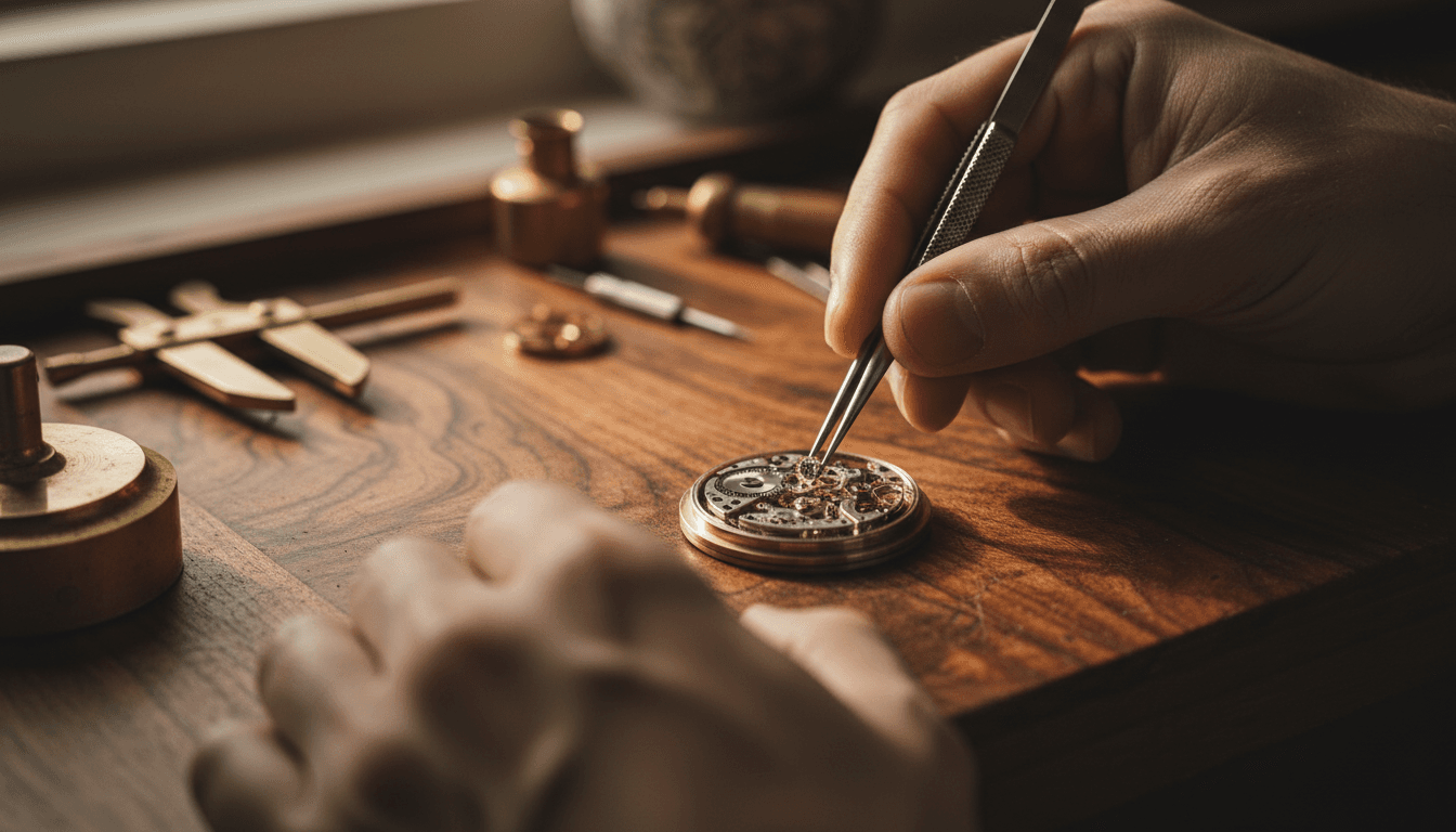 Watchmaker's hands carefully repairing an open watch mechanism with precision tools on a wooden workbench