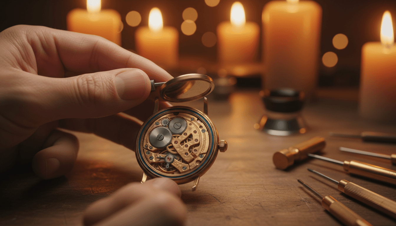 Watchmaker's hands removing caseback from vintage mechanical watch