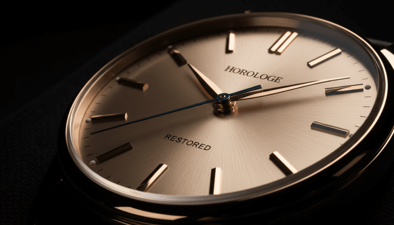 Restored watch dial with polished finish under dramatic lighting