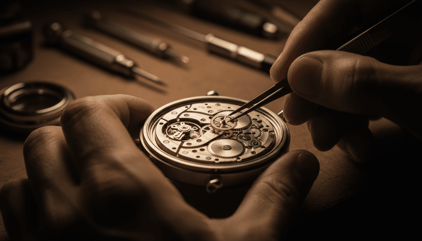 Watchmaker performing precision repair on watch movement