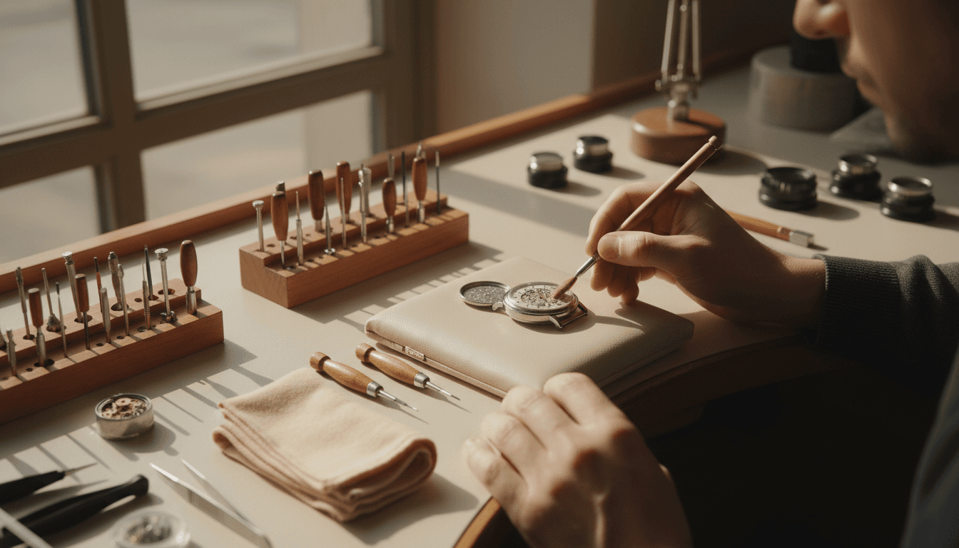 Watch maintenance and cleaning at professional workbench