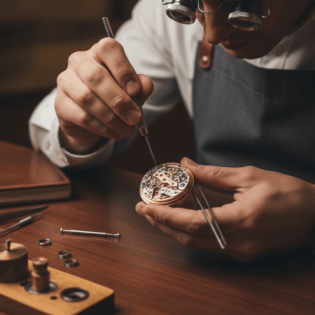 Watchmaker carefully examining a mechanical watch under warm workshop lighting
