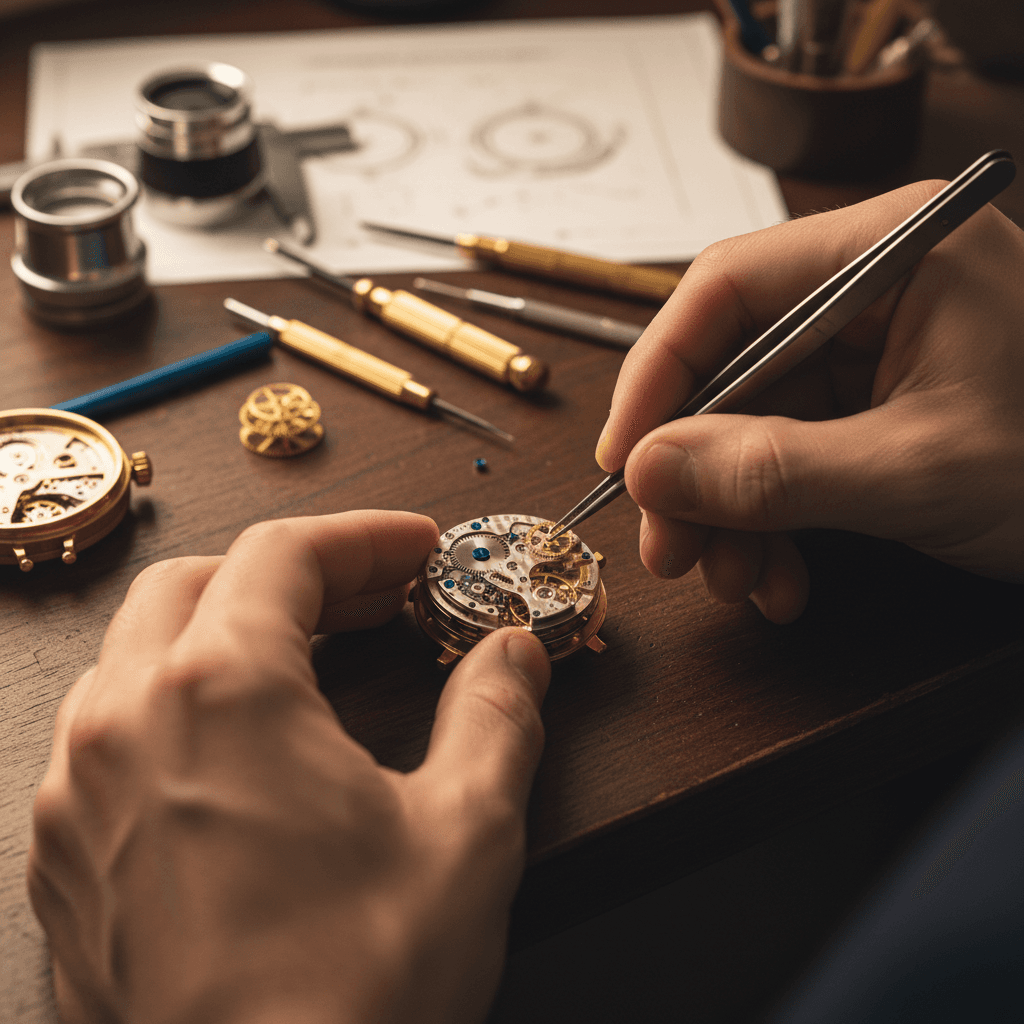 Watchmaker's hands carefully assembling a watch movement on a jeweler's workbench with precision tools