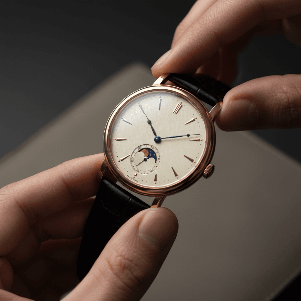 Restored luxury watch displayed on wooden surface with warm professional lighting